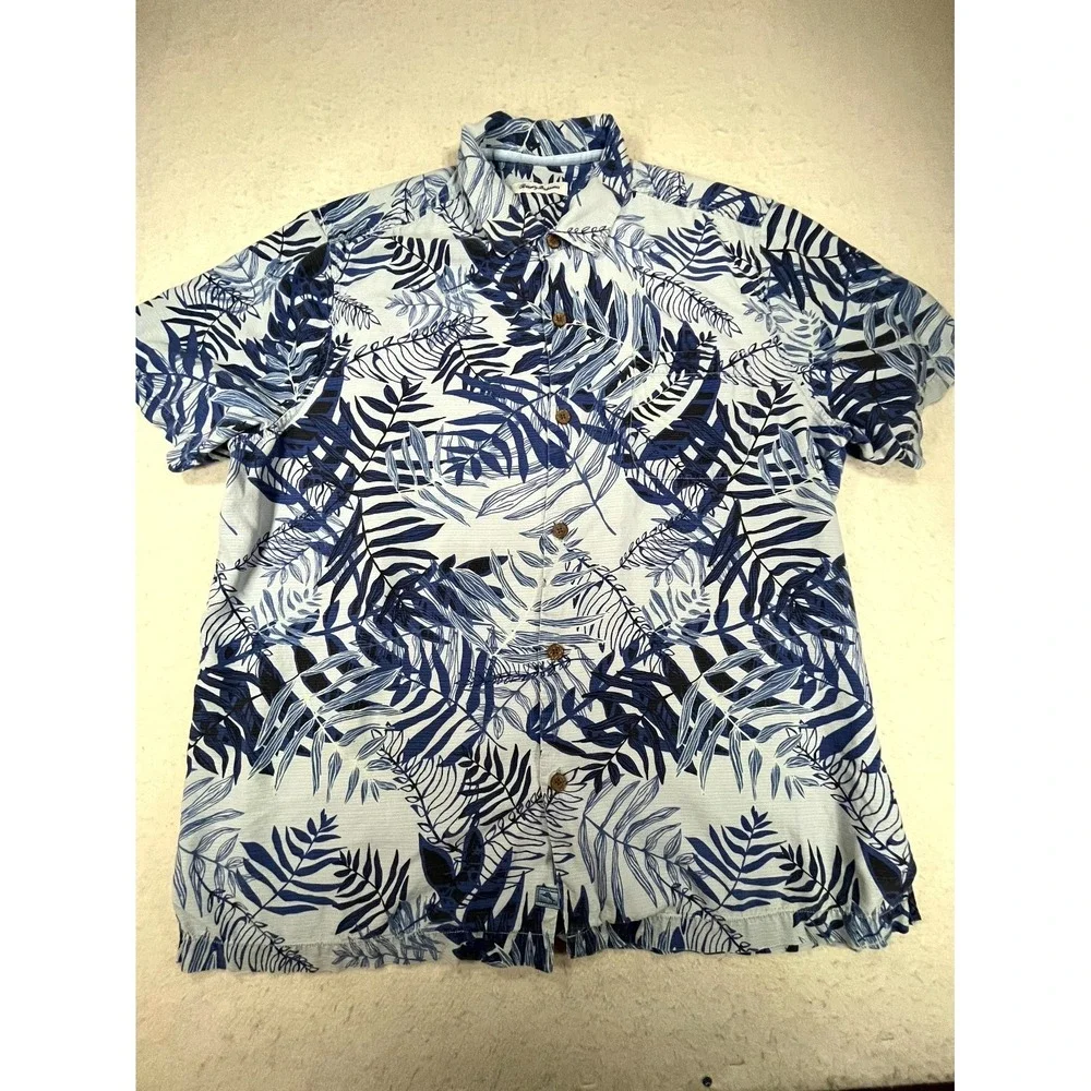 Y2K Tommy Bahama Shirt Mens XL Blue Tropical Hawaiian Camp Collar Button Up